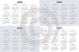 Calendar planner for 2024, 2025, 2026, 2027. Colorful wall calendar in English on a white background. Vector template