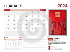 Calendar planner 2024 and Set of 12 Months, February 2024 template, week start on Sunday, Desk calendar 2024 design, simple and