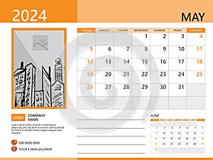 Calendar planner 2024 and Set of 12 Months, May 2024 template, week start on Sunday, Desk calendar 2024 design, simple and clean