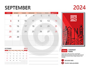 Calendar planner 2024 and Set of 12 Months, September 2024 template, week start on Sunday, Desk calendar 2024 design, simple and