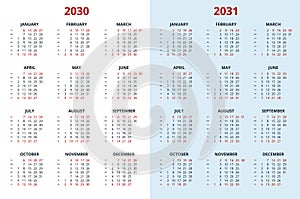 Calendar planner for 2030 and 2031. Calendar design, 12 months 2030 and 2031. Elegant yearly planner layout for business