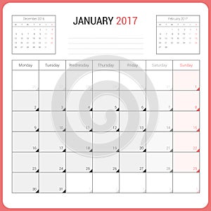 Calendar Planner for January 2017 Vector Design Template Stationary.