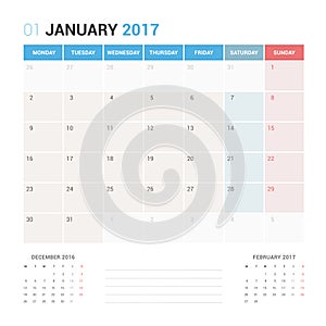 Calendar Planner for January 2017 Vector Design Template Stationary.