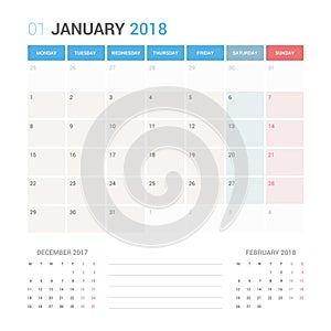 Calendar Planner for January 2018 Vector Design Template Stationary.