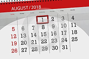 Calendar planner for the month, deadline day of the week, 2018 august 1, Wednesday