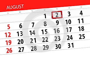 Calendar planner for the month, deadline day of the week, 2018 august 2, Thursday