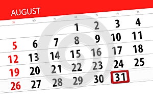 Calendar planner for the month, deadline day of the week, 2018 august, 31, Friday