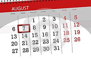 Calendar planner for the month, deadline day of the week, 2018 august, 7, Tuesday