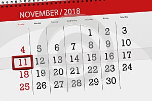 Calendar planner for the month, deadline day of the week 2018 november, 11, Sunday