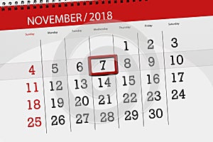 Calendar planner for the month, deadline day of the week 2018 november, 7, Wednesday