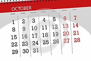 Calendar planner for the month, deadline day of the week 2018 october