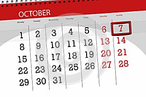 Calendar planner for the month, deadline day of the week 2018 october, 7, Sunday