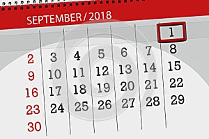 Calendar planner for the month, deadline day of the week, 2018 september, 1, Saturday