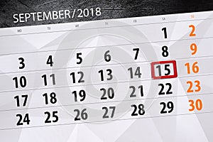 Calendar planner for the month, deadline day of the week, 2018 september, 15, Saturday