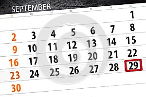 Calendar planner for the month, deadline day of the week, 2018 september, 29, Saturday