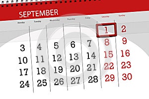 Calendar planner for the month, deadline day of the week, 2018 september, 1, Saturday