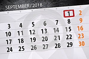 Calendar planner for the month, deadline day of the week, 2018 september, 1, Saturday