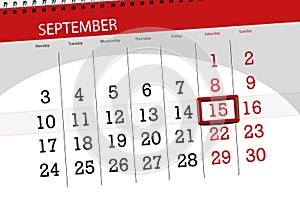 Calendar planner for the month, deadline day of the week, 2018 september, 15, Saturday