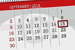 Calendar planner for the month, deadline day of the week, 2018 september, 15, Saturday