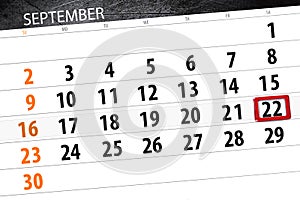 Calendar planner for the month, deadline day of the week, 2018 september, 22, Saturday