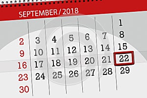 Calendar planner for the month, deadline day of the week, 2018 september, 22, Saturday