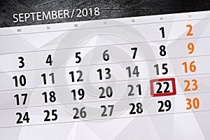 Calendar planner for the month, deadline day of the week, 2018 september, 22, Saturday