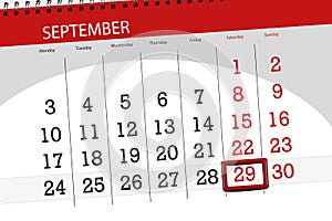 Calendar planner for the month, deadline day of the week, 2018 september, 29, Saturday
