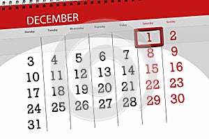 Calendar planner for the month december 2018, deadline day, 1, saturday