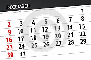 Calendar planner for the month december 2018, deadline day