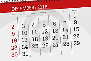 Calendar planner for the month december 2018, deadline day