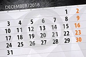 Calendar planner for the month december 2018, deadline day