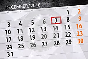 Calendar planner for the month december 2018, deadline day, friday, 7