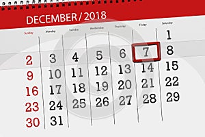 Calendar planner for the month december 2018, deadline day, friday, 7