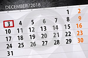 Calendar planner for the month december 2018, deadline day, monday, 3