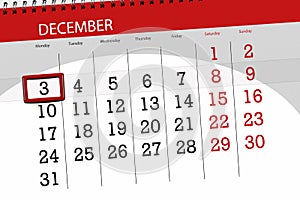 Calendar planner for the month december 2018, deadline day, monday, 3