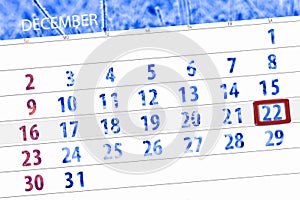 Calendar planner for the month december 2018, deadline day, saturday, 22