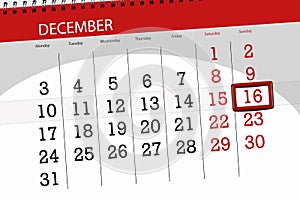 Calendar planner for the month december 2018, deadline day, sunday, 16