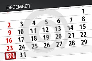 Calendar planner for the month december 2018, deadline day, sunday, 30