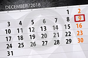 Calendar planner for the month december 2018, deadline day, sunday, 9