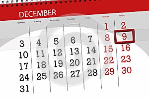 Calendar planner for the month december 2018, deadline day, sunday, 9