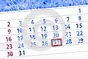 Calendar planner for the month december 2018, deadline day, thursday, 27