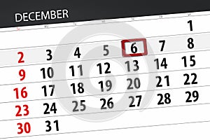 Calendar planner for the month december 2018, deadline day, thursday, 6