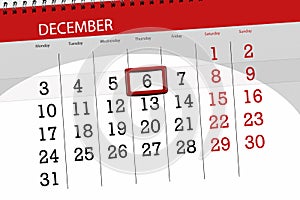 Calendar planner for the month december 2018, deadline day, thursday, 6