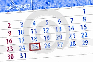 Calendar planner for the month december 2018, deadline day, tuesday, 25