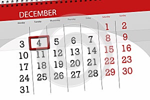 Calendar planner for the month december 2018, deadline day, tuesday, 4