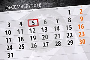 Calendar planner for the month december 2018, deadline day, wednesday, 5