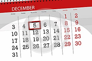 Calendar planner for the month december 2018, deadline day, wednesday, 5