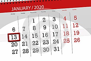 Calendar planner for the month january 2020, deadline day, 13, monday