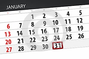 Calendar planner for the month january 2019, deadline day, 31, thursday