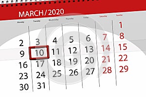 Calendar planner for the month march 2020, deadline day, 10, tuesday